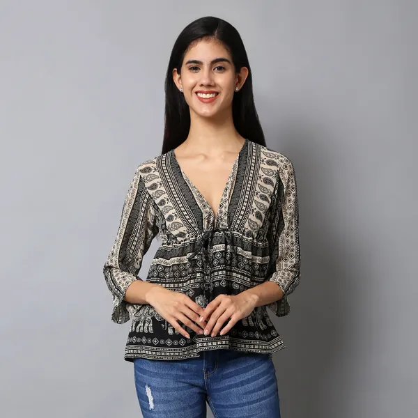 Black_And_Cream_Cotton_Slub_Elephant_Paisley_Printed_Tie_Up_Empire_Waist_Top_For_Women