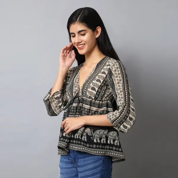 Black_And_Cream_Cotton_Slub_Elephant_Paisley_Printed_Tie_Up_Empire_Waist_Top_For_Women
