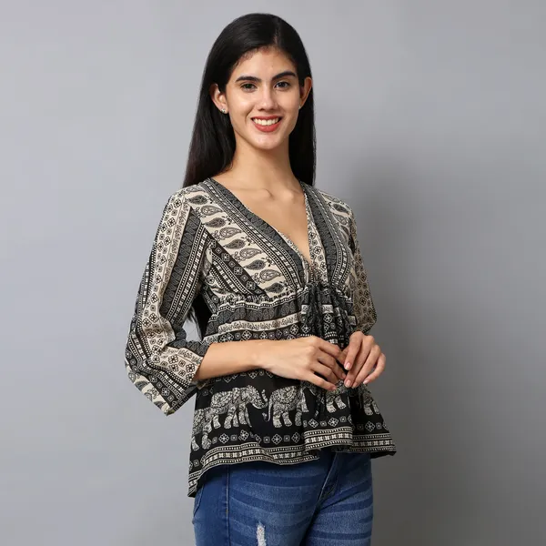 Black_And_Cream_Cotton_Slub_Elephant_Paisley_Printed_Tie_Up_Empire_Waist_Top_For_Women