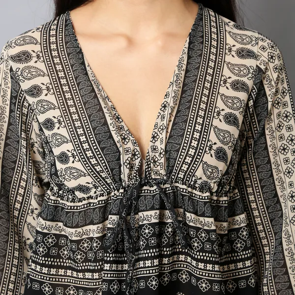 Black_And_Cream_Cotton_Slub_Elephant_Paisley_Printed_Tie_Up_Empire_Waist_Top_For_Women