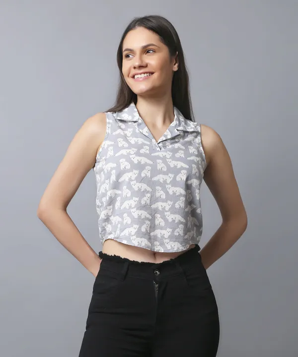 Grey_Cotton_Slub_Kitty_Printed_Asymmetric_Hem_Shirt_Collar_Top_For_Women