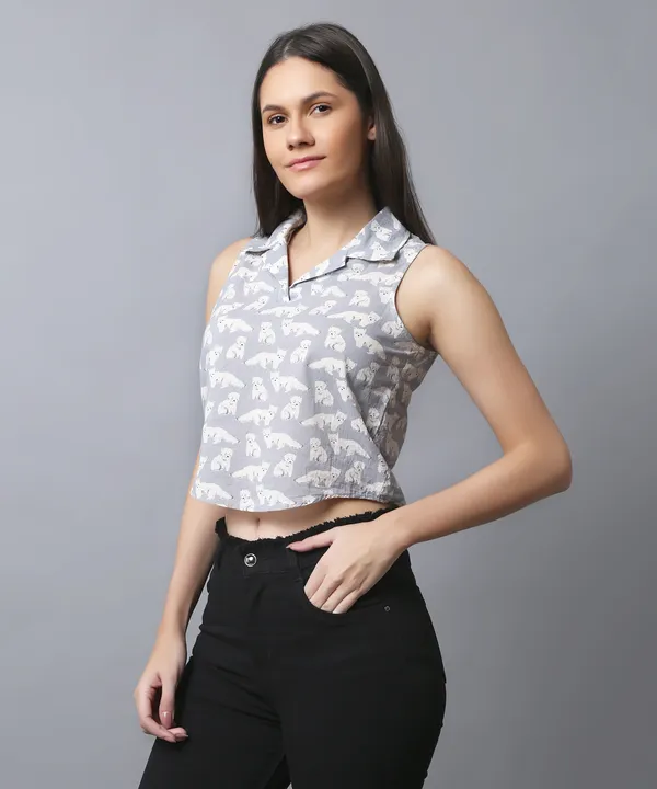 Grey_Cotton_Slub_Kitty_Printed_Asymmetric_Hem_Shirt_Collar_Top_For_Women