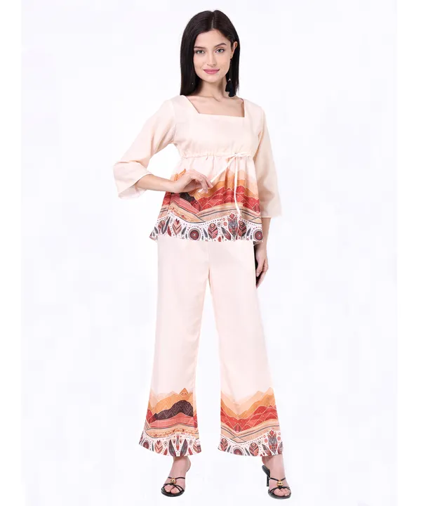 Beige_Cotton_Mountain_Tribal_Empire_Waist_Printed_Top_With_Trouser_Co_Ord_Set_For_Women