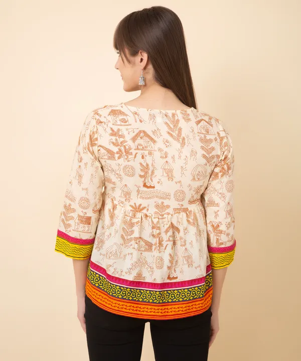 Beige_Cotton_Slub_Heritage_Printed_Tie_Up_Empire_Waist_Top_For_Women