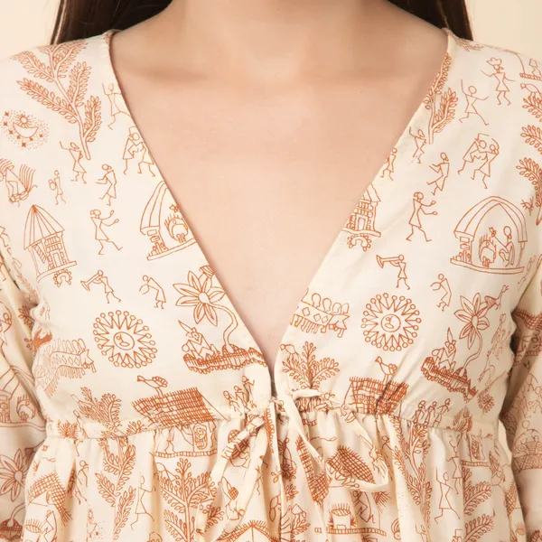 Beige_Cotton_Slub_Heritage_Printed_Tie_Up_Empire_Waist_Top_For_Women