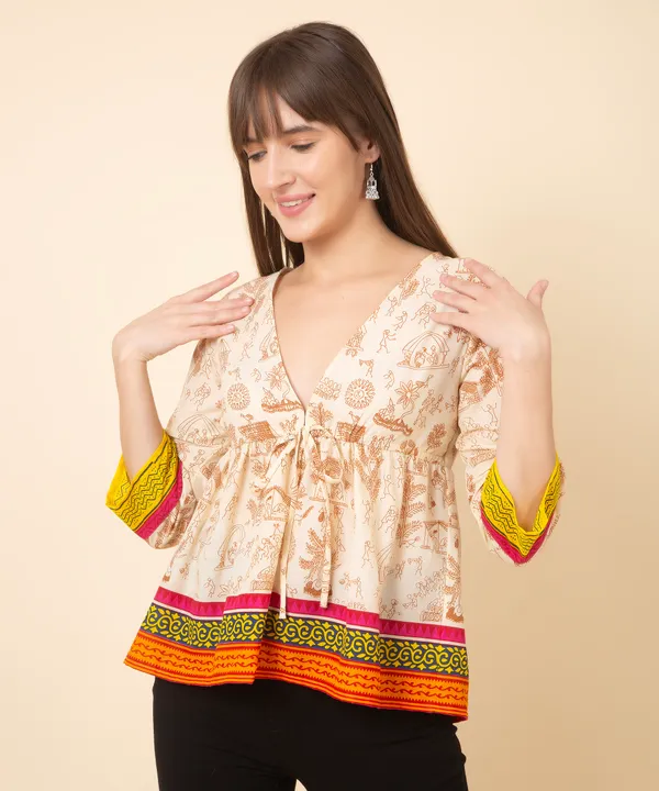Beige_Cotton_Slub_Heritage_Printed_Tie_Up_Empire_Waist_Top_For_Women