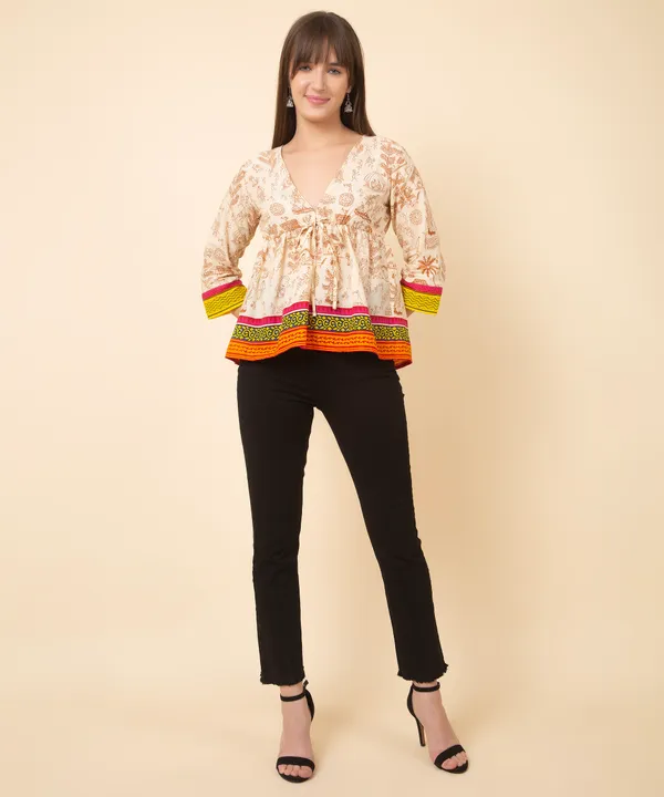 Beige_Cotton_Slub_Heritage_Printed_Tie_Up_Empire_Waist_Top_For_Women