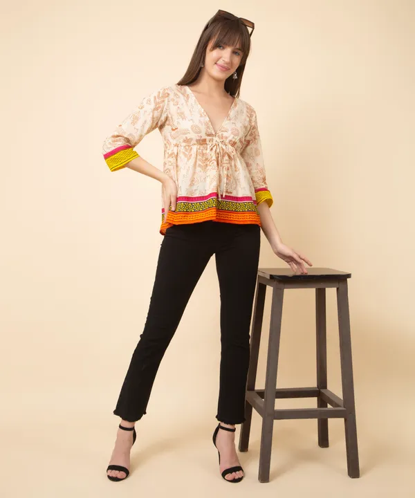 Beige_Cotton_Slub_Heritage_Printed_Tie_Up_Empire_Waist_Top_For_Women