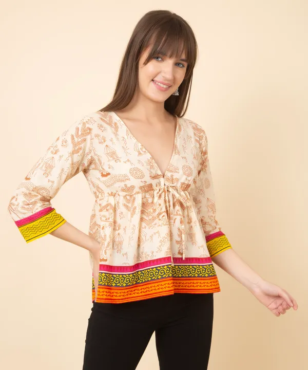 Beige_Cotton_Slub_Heritage_Printed_Tie_Up_Empire_Waist_Top_For_Women