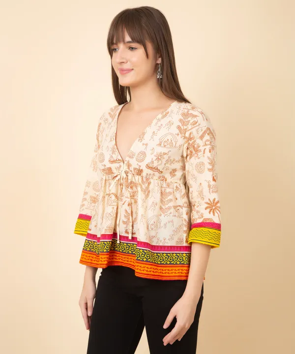 Beige_Cotton_Slub_Heritage_Printed_Tie_Up_Empire_Waist_Top_For_Women