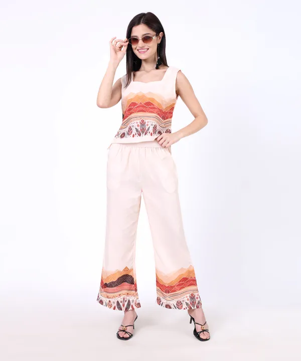 Beige_Cotton_Mountain_Tribal_Printed_Square_Neck_Top_With_Trouser_Co_Ord_Set_For_Women