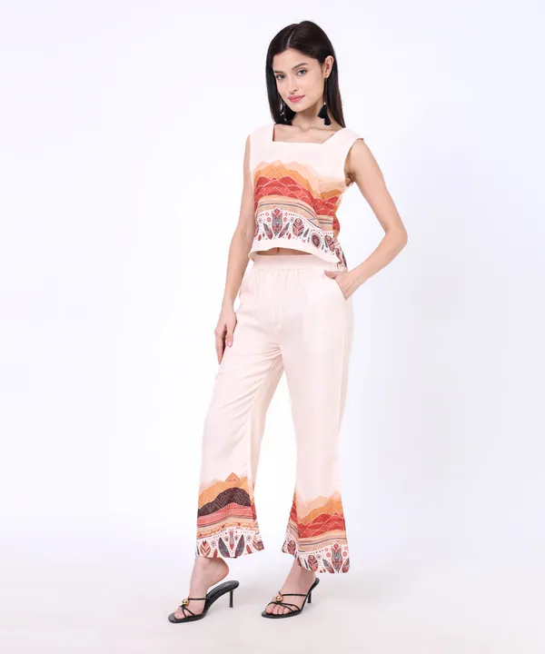 Beige_Cotton_Mountain_Tribal_Printed_Square_Neck_Top_With_Trouser_Co_Ord_Set_For_Women