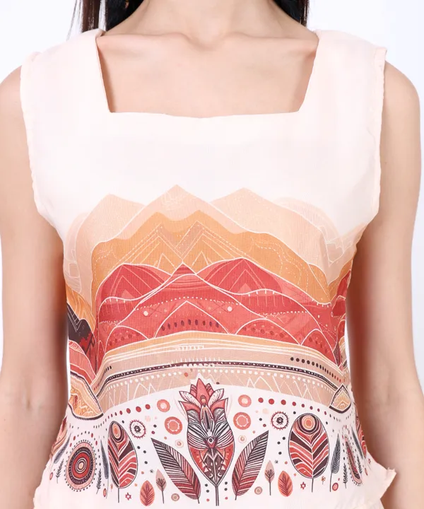 Beige_Cotton_Mountain_Tribal_Printed_Square_Neck_Top_With_Trouser_Co_Ord_Set_For_Women