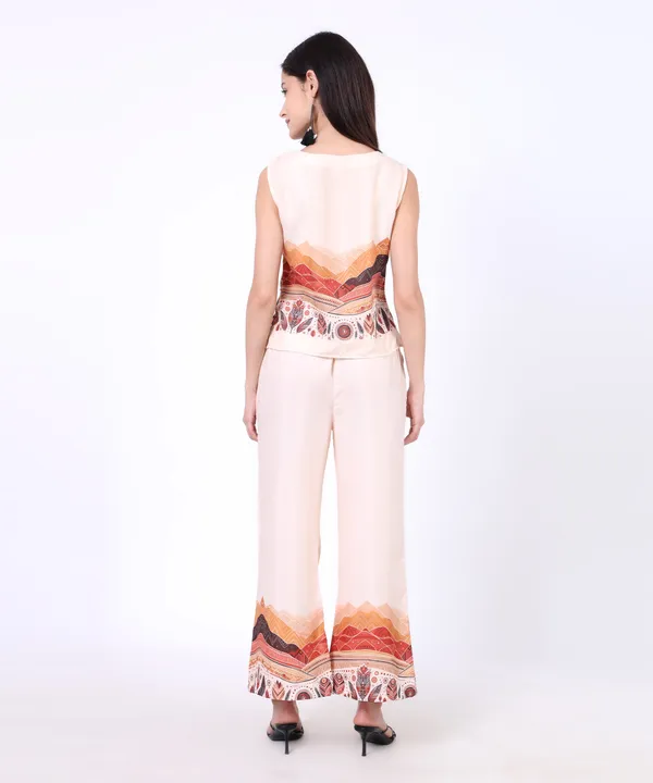 Beige_Cotton_Mountain_Tribal_Printed_Square_Neck_Top_With_Trouser_Co_Ord_Set_For_Women