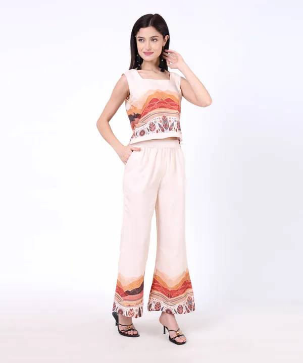 Beige_Cotton_Mountain_Tribal_Printed_Square_Neck_Top_With_Trouser_Co_Ord_Set_For_Women