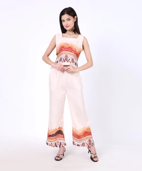 Beige_Cotton_Mountain_Tribal_Printed_Square_Neck_Top_With_Trouser_Co_Ord_Set_For_Women