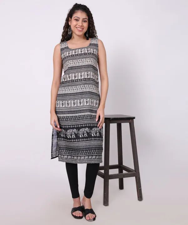 Black_And_Cream_Cotton_Paisley_Printed_Sleeveless_Straight_Kurti_For_Women