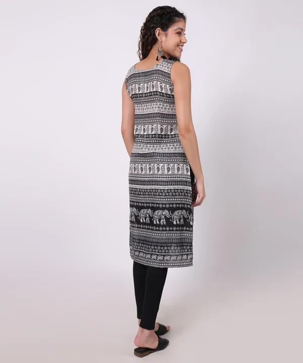 Black_And_Cream_Cotton_Paisley_Printed_Sleeveless_Straight_Kurti_For_Women