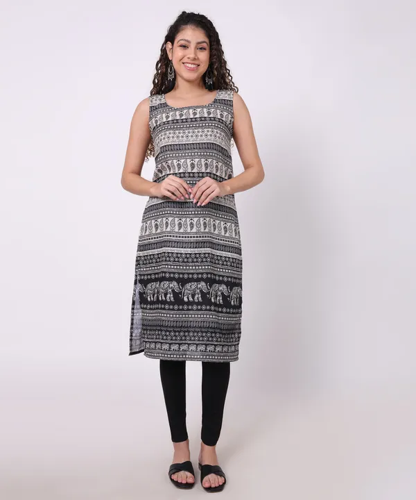 Black_And_Cream_Cotton_Paisley_Printed_Sleeveless_Straight_Kurti_For_Women