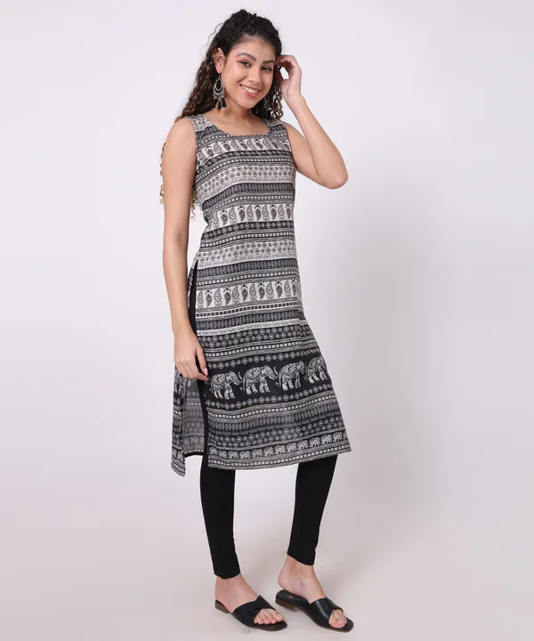 Black_And_Cream_Cotton_Paisley_Printed_Sleeveless_Straight_Kurti_For_Women