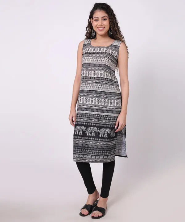 Black_And_Cream_Cotton_Paisley_Printed_Sleeveless_Straight_Kurti_For_Women