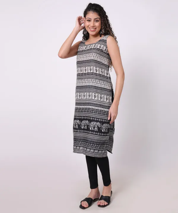 Black_And_Cream_Cotton_Paisley_Printed_Sleeveless_Straight_Kurti_For_Women