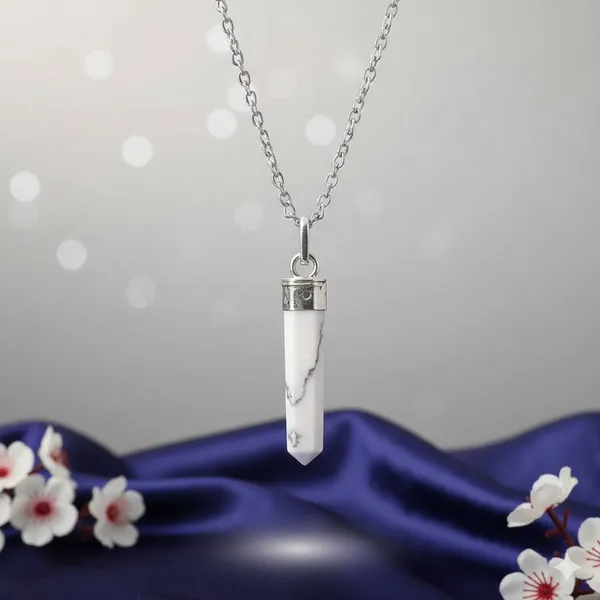 White_With_Grey_Veins_Natural_Howlite_Stone_With_Metal_Cap_Pencil_Pendant_For_Unisex