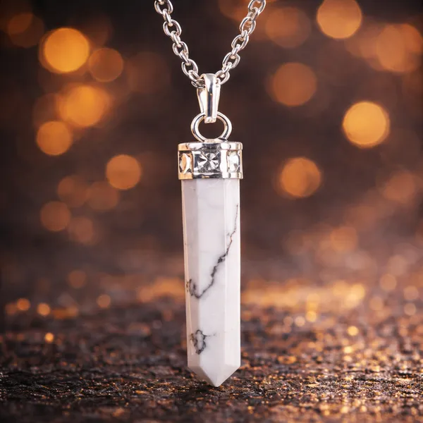 White_With_Grey_Veins_Natural_Howlite_Stone_With_Metal_Cap_Pencil_Pendant_For_Unisex