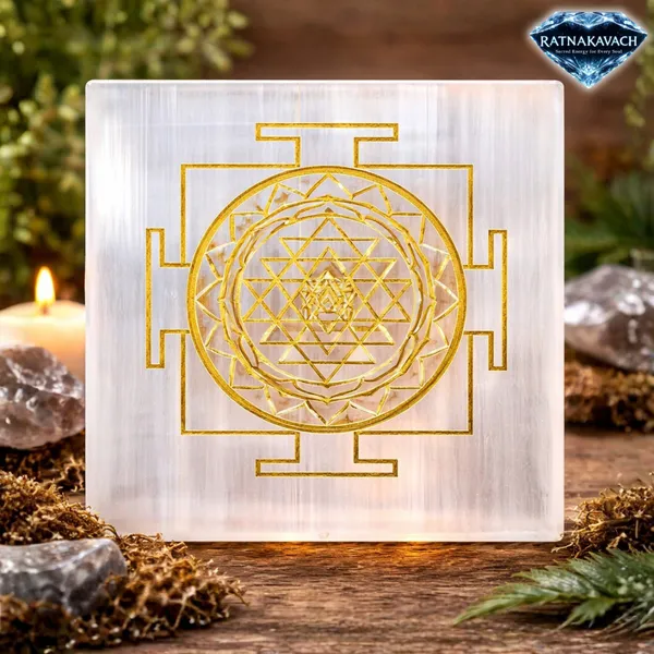 White_&_Gold_Natural_Selenite_With_Printed_Shri_Yantra_Plate_For_Unisex