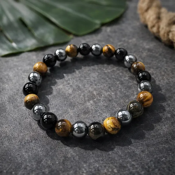 Multicolor_Natural_Obsidian,_Tiger_Eye_&_Hematite_Beads_With_Elastic_Thread_Bracelet_For_Unisex