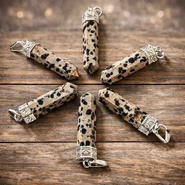 Cream_With_Black_Spots_Natural_Dalmatian_Jasper_Stone_With_Metal_Cap_Pencil_Pendant_For_Unisex