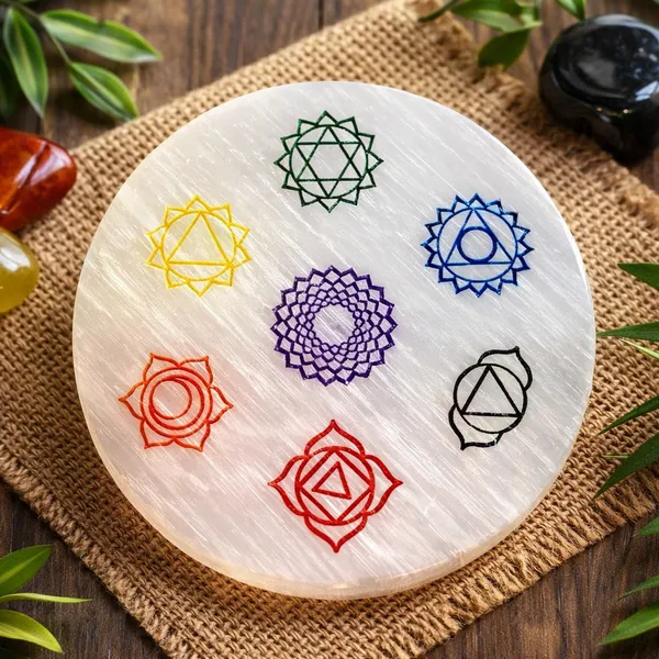 White_Round_Selenite_7_Chakra_Plate_For_Unisex