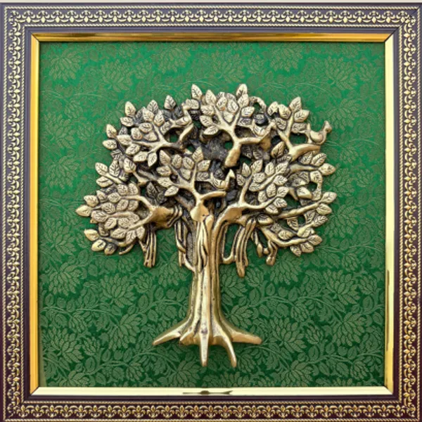 Green_3D_Brass_Decorative_Metal_Tree_Wall_Art_Antique_Gold_Finish_With_Green_Background