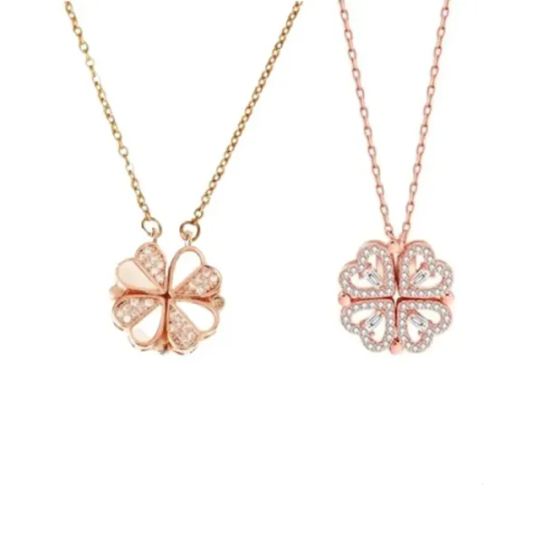 Combo_of_2_Rose_Gold_Magnetic_Heart_Necklace_|_Four_leaf_Clover_&_Floral_Charm