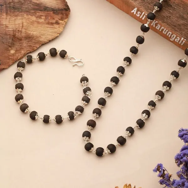 Silver_Plated_Karungali_Mala_+_Karungali_Bracelet_Combo_For_Men