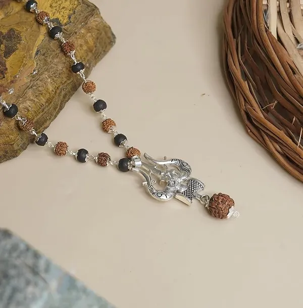 Silver_Plated_Rudraksha_&_Karungali_Mala_with_Trishul_Pendant