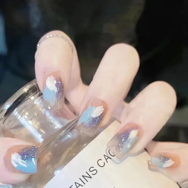 Multicolor__Nails_With_Glue_&_Manicure_Kit_Blue_White_Nude_Macaron__(Set_Of_24)