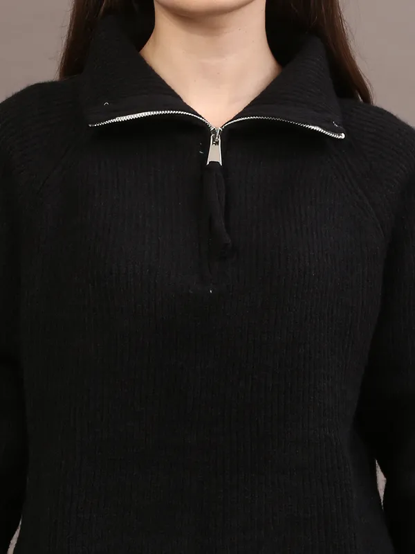 Black_Woolen_High_Neck_Ribbed_Long_Cardigan_For_Women