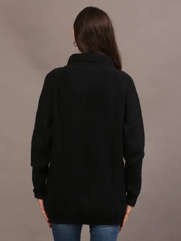 Black_Woolen_High_Neck_Ribbed_Long_Cardigan_For_Women