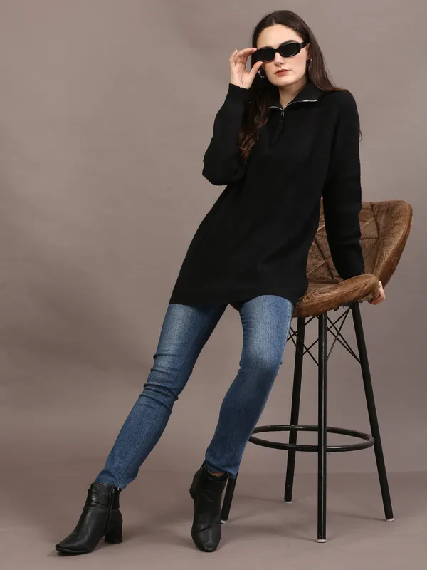 Black_Woolen_High_Neck_Ribbed_Long_Cardigan_For_Women