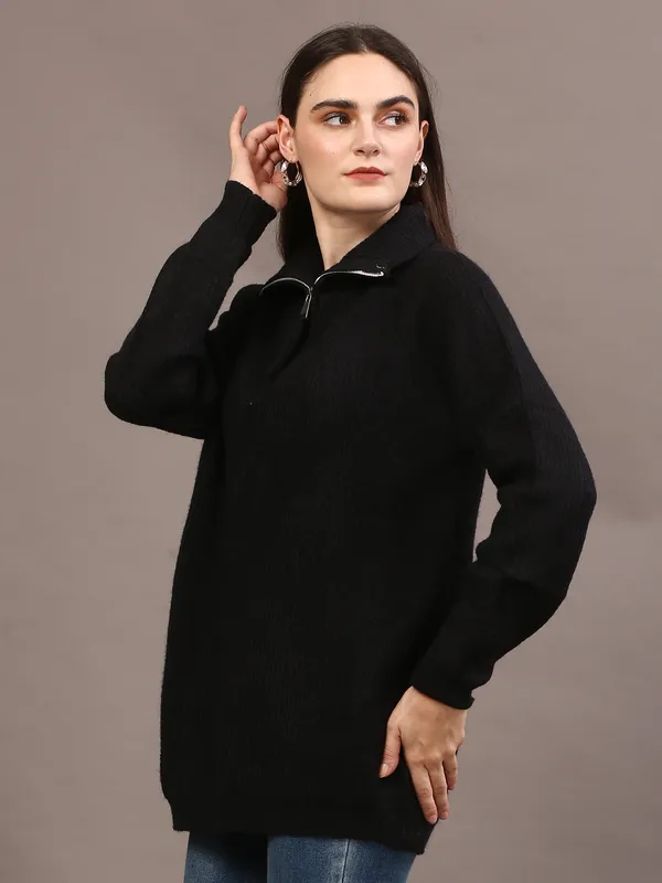 Black_Woolen_High_Neck_Ribbed_Long_Cardigan_For_Women