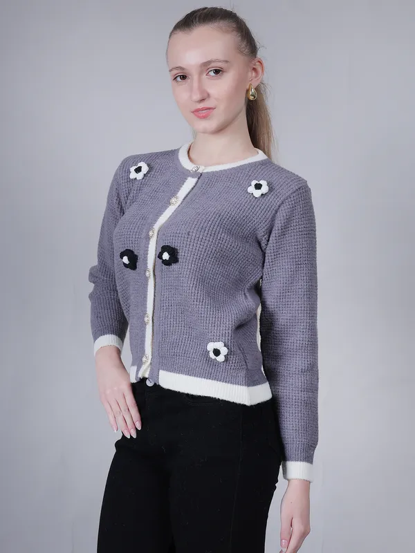 Grey_Woolen_Floral_Knitted_Cardigan_For_Women