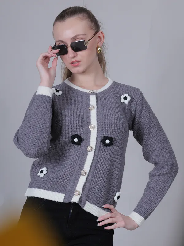 Grey_Woolen_Floral_Knitted_Cardigan_For_Women