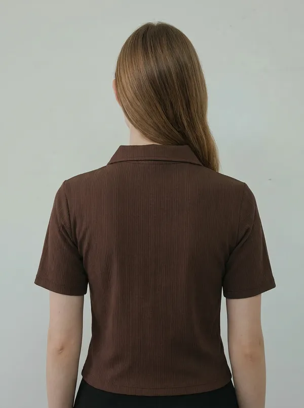Dark_Brown_Shade_Knitted_Collar_Styled_Tee_For_Women
