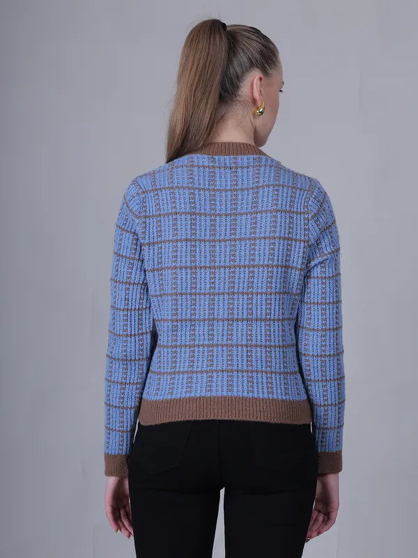Blue_Woolen_Checked_Sweater_For_Women