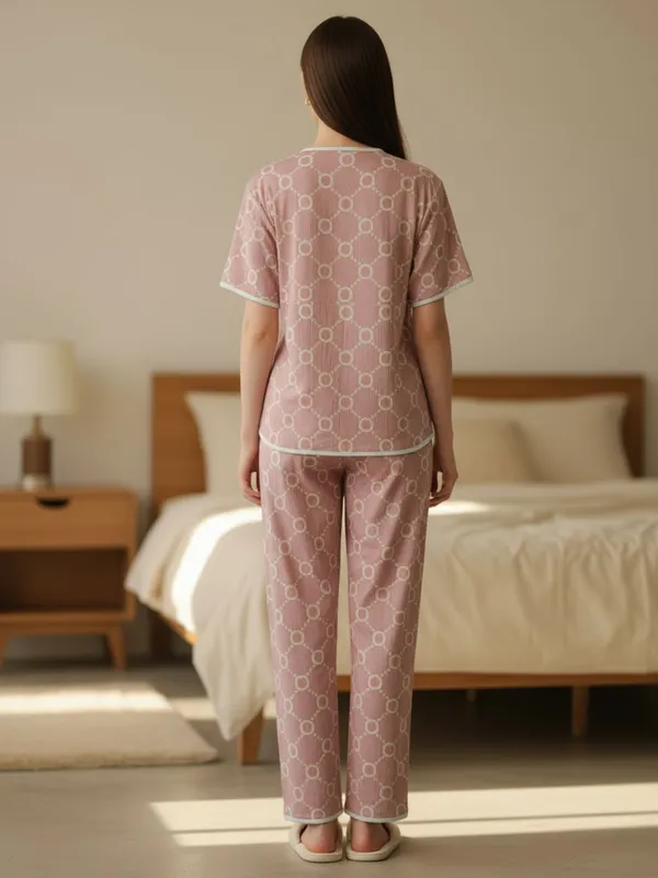 Peach_Cotton_Printed_Three_piece_Night_suit_for_women