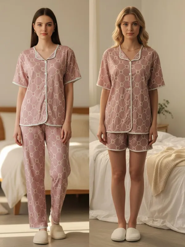 Peach_Cotton_Printed_Three_piece_Night_suit_for_women