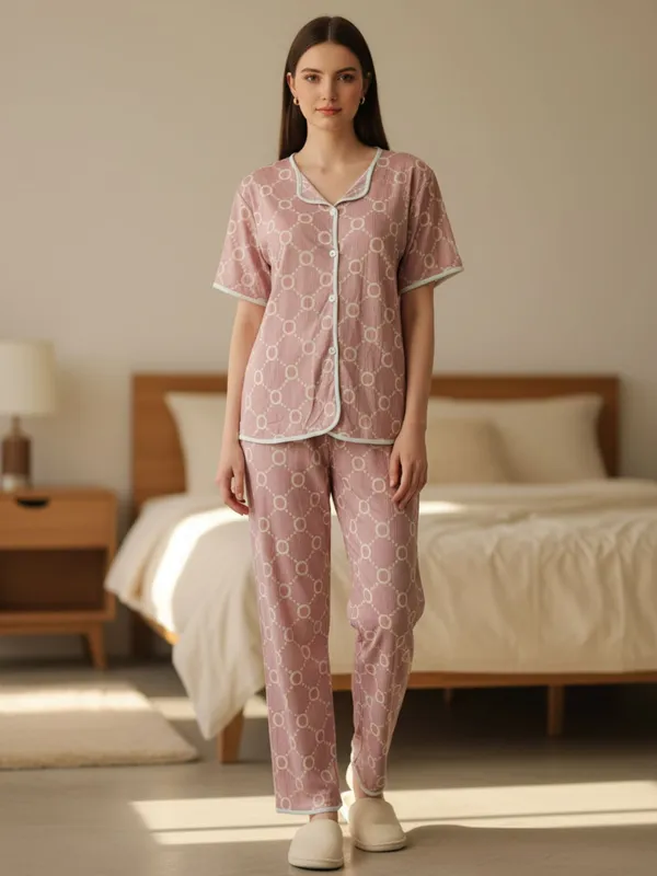 Peach_Cotton_Printed_Three_piece_Night_suit_for_women