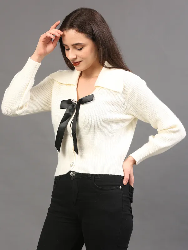 Cream_Woolen_Knitted_Cardigan_For_Women