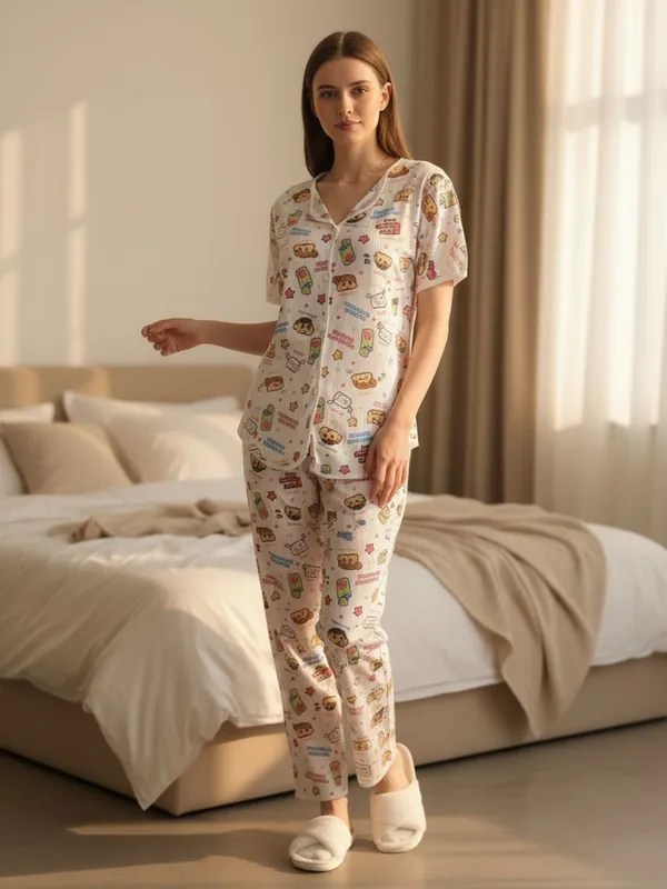 White_Cotton_Printed_Summer_wear_Three_Piece_Night_suit_for_women